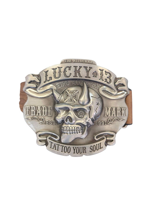 Pewter Lucky 13 Belt Buckle with Leather Belt